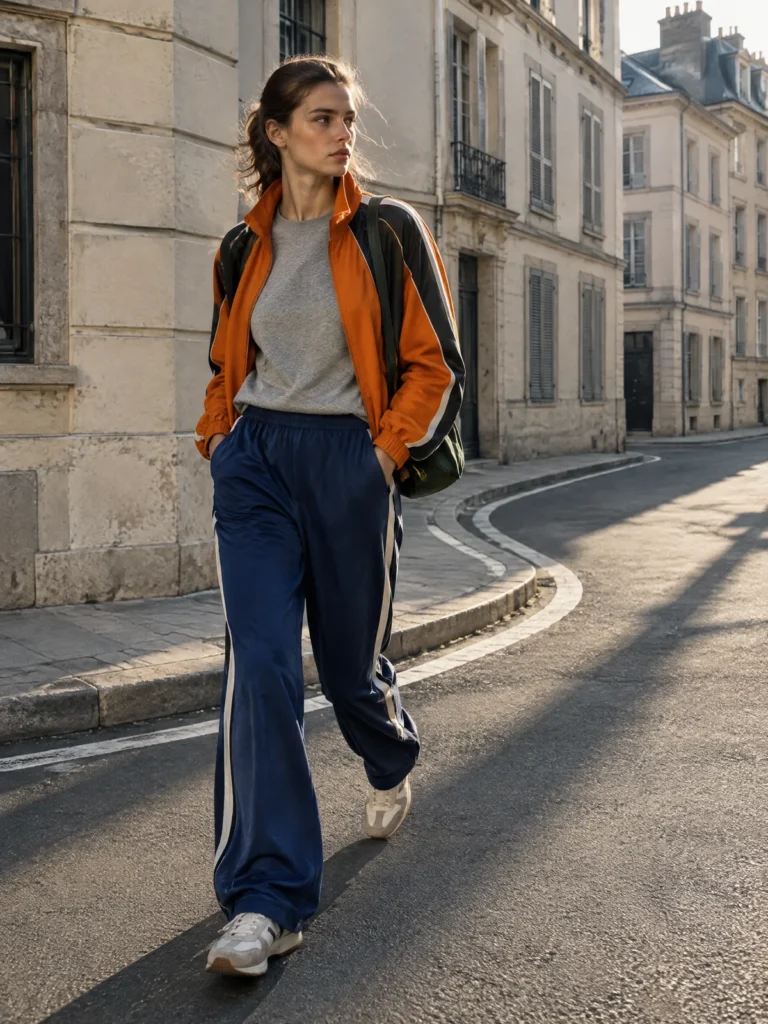 A woman walking round a quiet street corner in early light