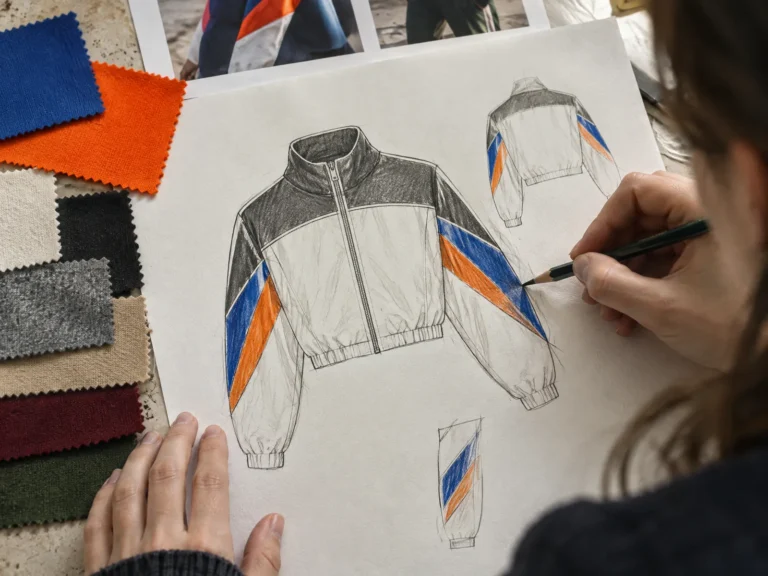 Hands sketching a cropped jacket with diagonal sleeve panels