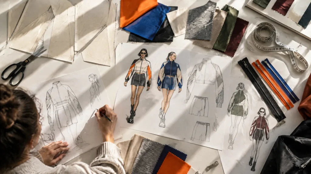Design table with pattern pieces cut on diagonals, sketches and fabric swatches