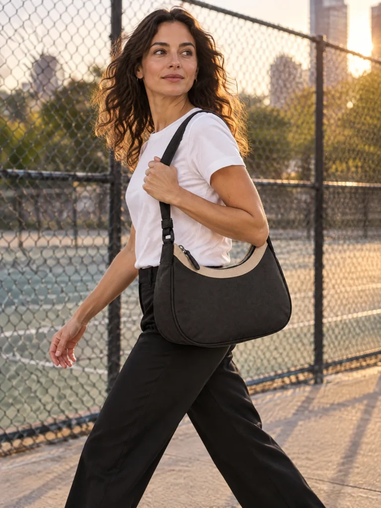 Woman carrying Asphalt Arc Shoulder Bag with Sand zip panel under her arm