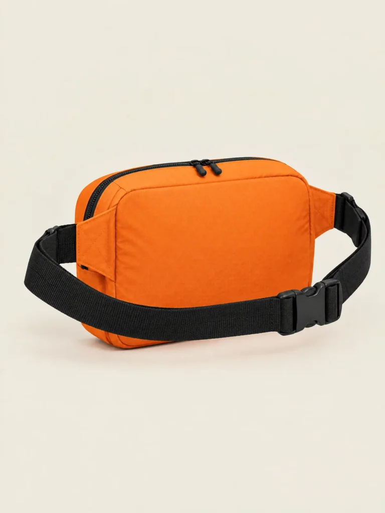 Side view of Belt Loop Bag showing compact shape and zip details