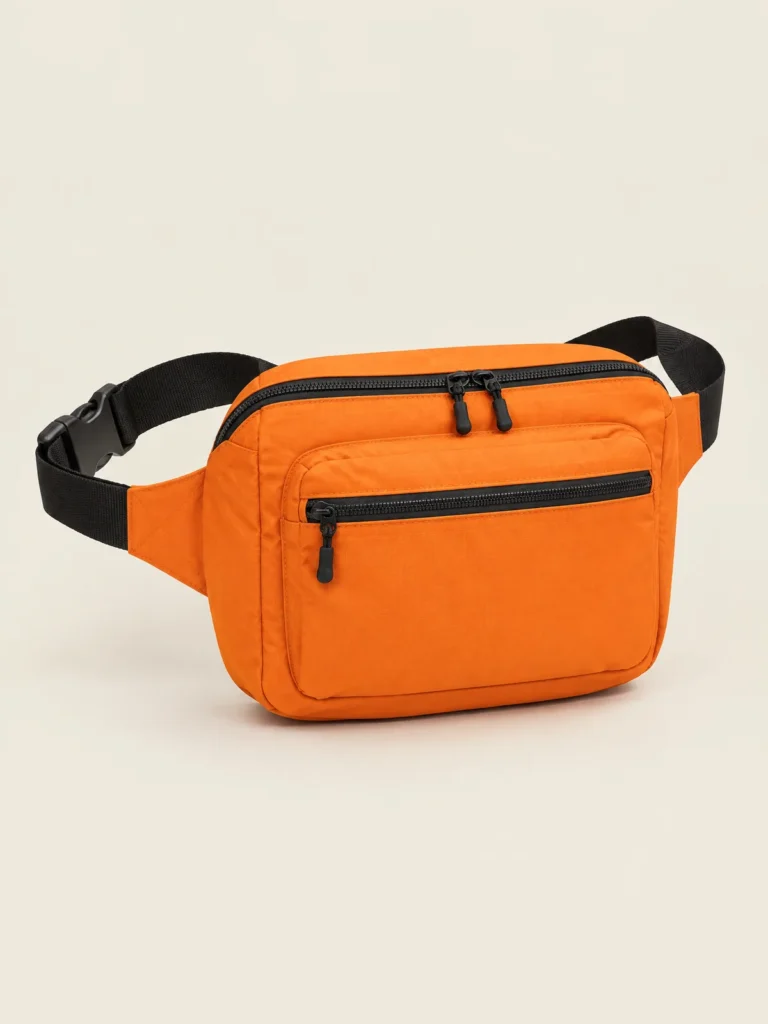 Belt Loop Bag in Signal orange with black webbing strap and clip buckle