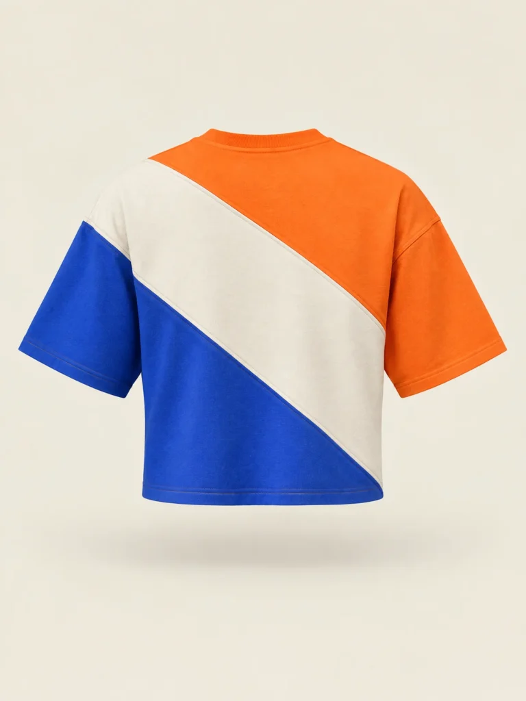 Back view of boxy cropped colour-block jersey top