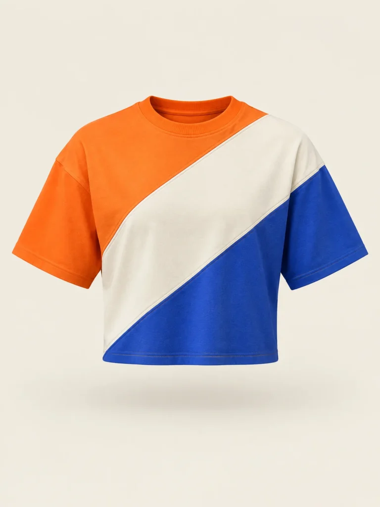 Front view of diagonal colour-block crop top in three colours