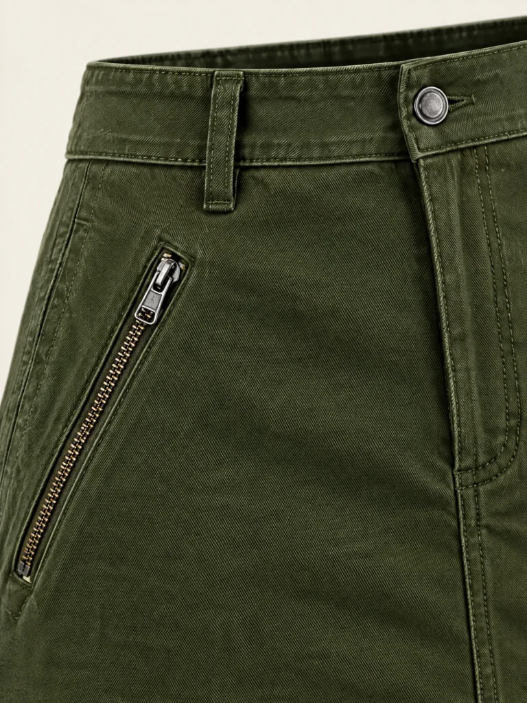 Close-up of angled zip pocket detail on Cargo Zip Mini in Moss