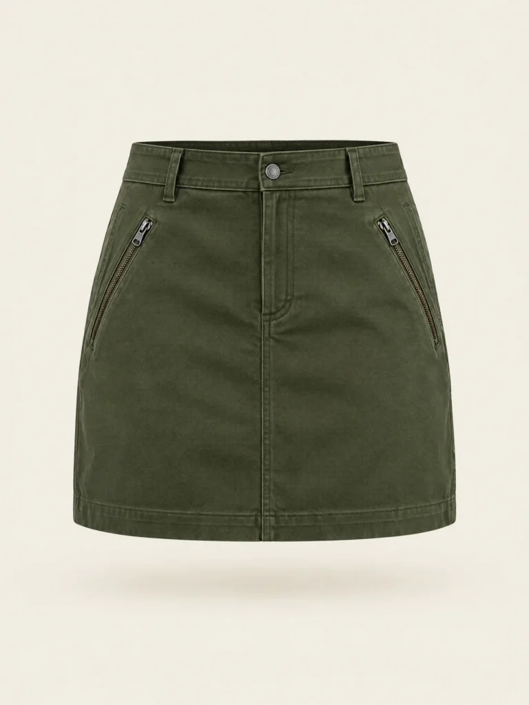 Front view of Cargo Zip Mini in Moss showing angled zip pockets and fly