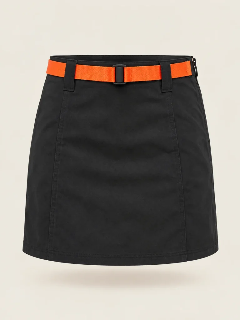 Circuit Belted Mini front view, Asphalt skirt with Signal orange webbing belt