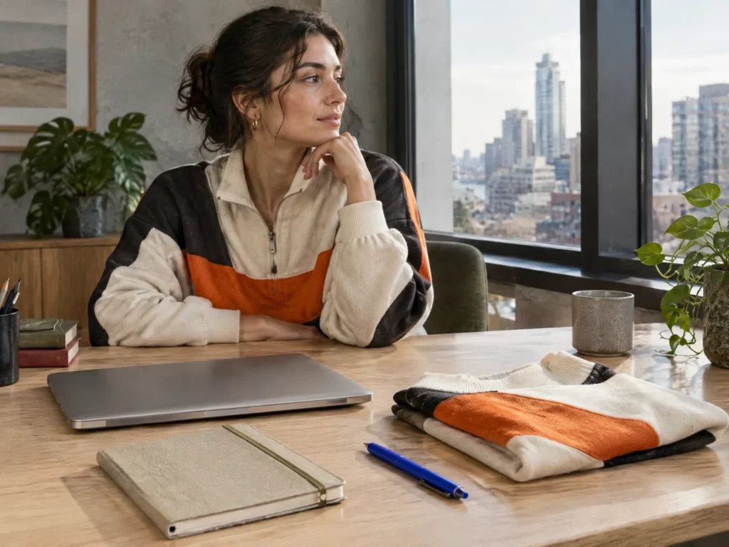 A calm desk by a window with a notebook, a laptop and a folded chalk top with an orange panel