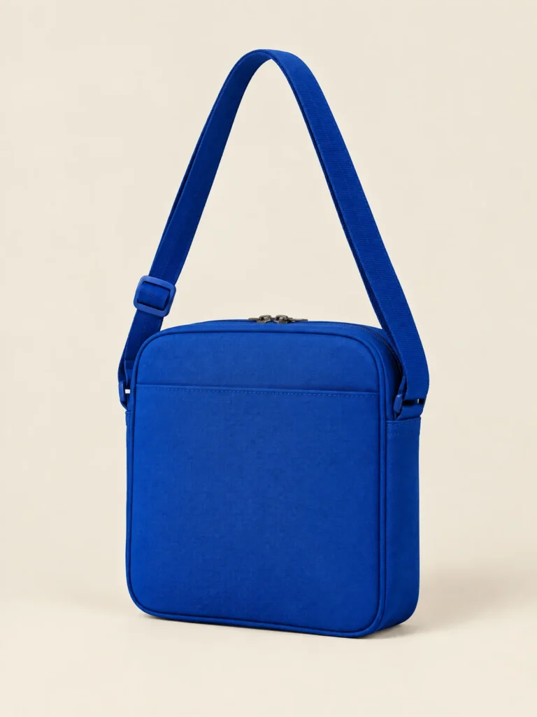 Corner Pocket Bag side view showing slim shoulder strap and square shape