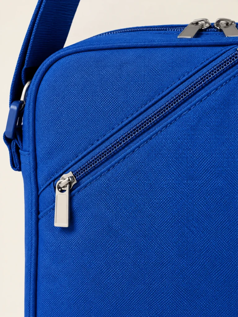 Close-up of angled corner zip pocket on Lane Blue mini bag