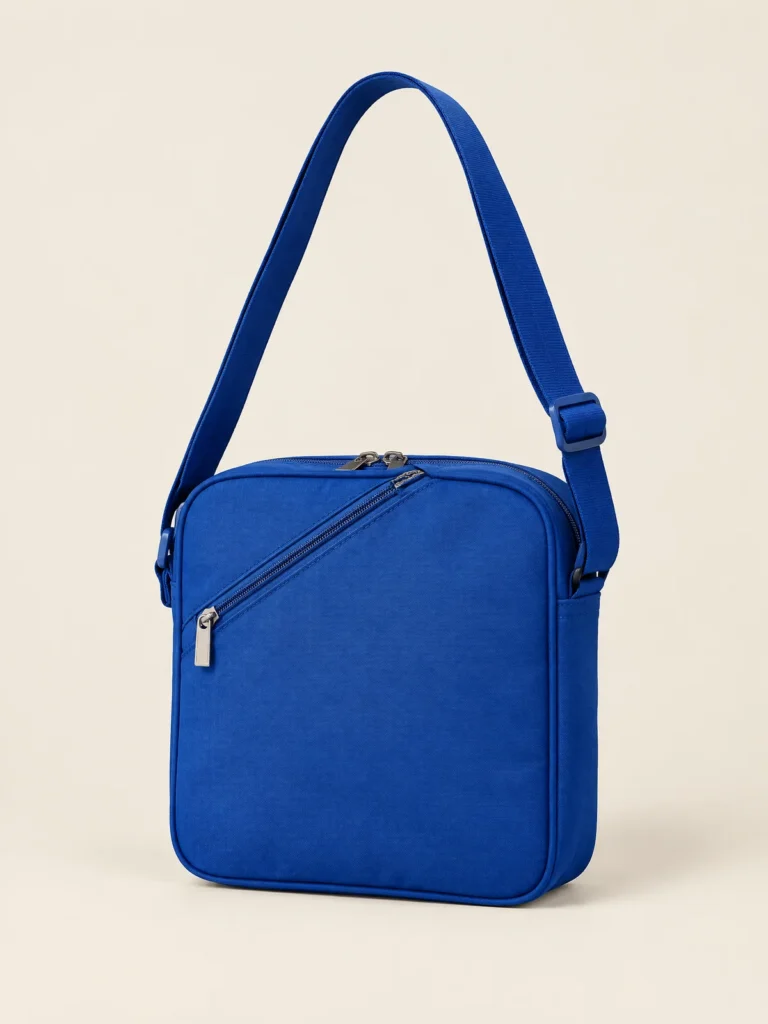Corner Pocket Bag front view in Lane Blue with diagonal zip pocket
