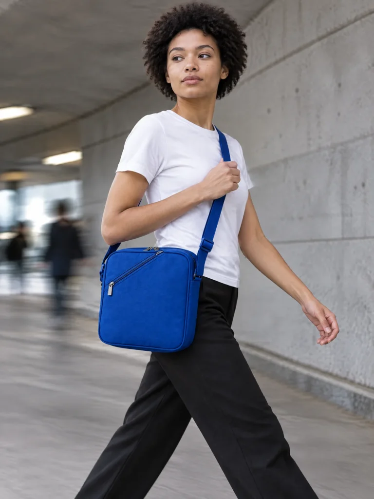 Woman carrying Corner Pocket Bag in Lane Blue crossbody on city street