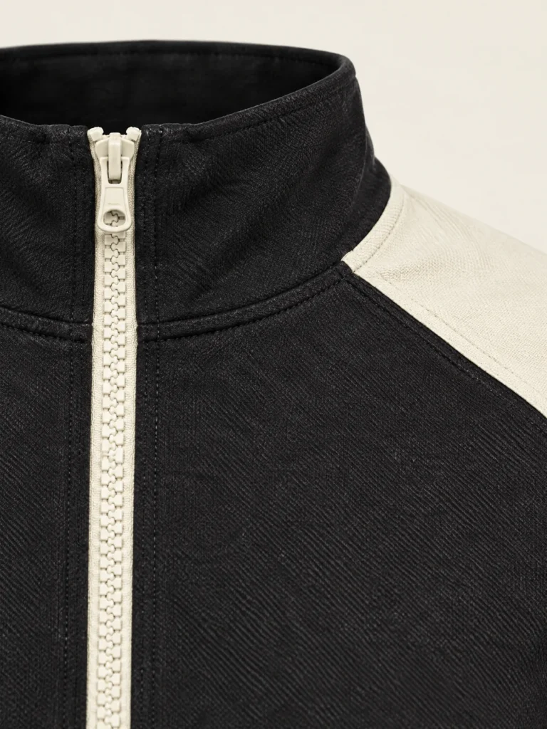 Close-up of chalk zip tape and chunky zip teeth on mock neck