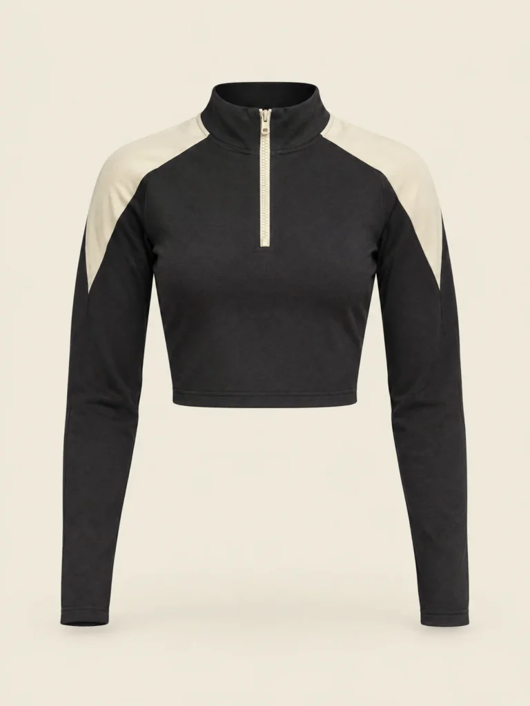 Front view of Asphalt Corner Shift Zip Crop with chalk yoke panels