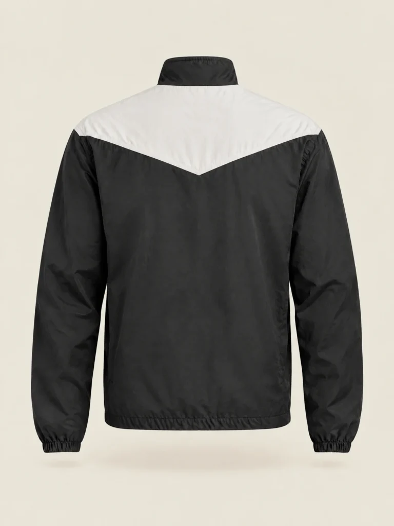 Corner Stand-Collar Jacket back view showing Chalk yoke V-shape detail