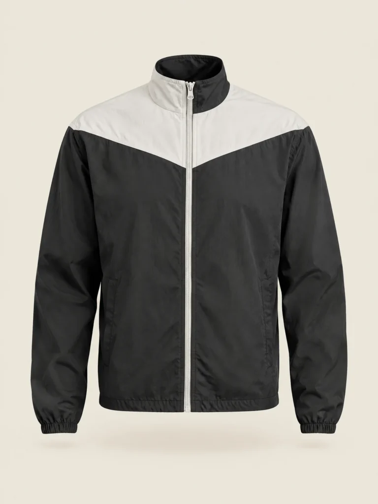 Corner Stand-Collar Jacket front view showing Chalk yoke and zip tape in Asphalt