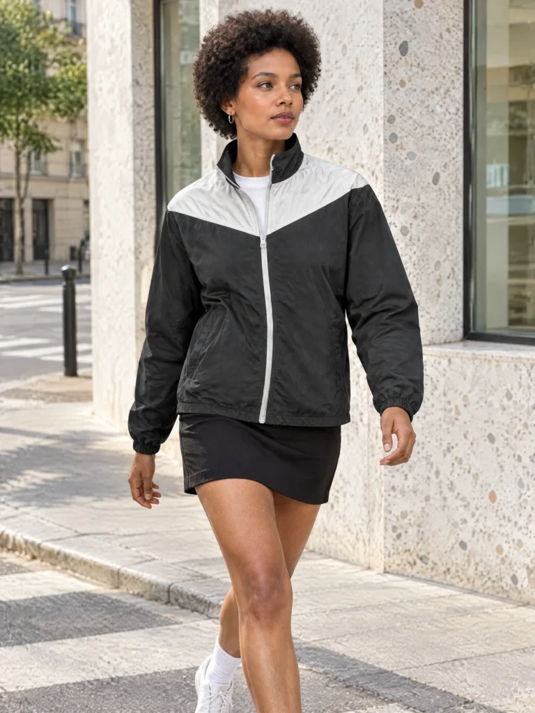 Woman wearing Corner Stand-Collar Jacket in Asphalt with Chalk yoke on city street