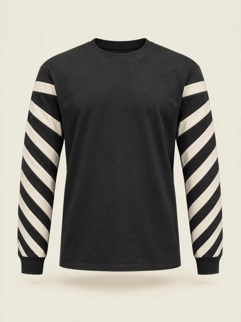Front view of Crosswalk Stripe Top showing tilted chalk bars on sleeves