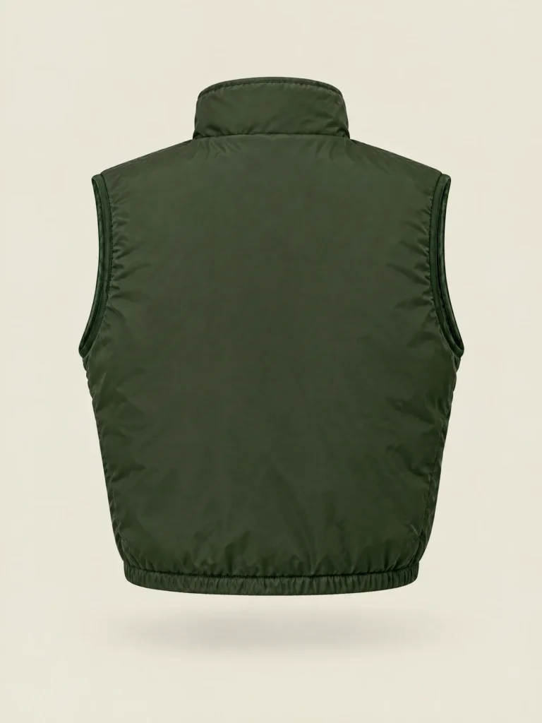 Back view of cropped Crosswalk Zip Gilet in Moss with bound armholes