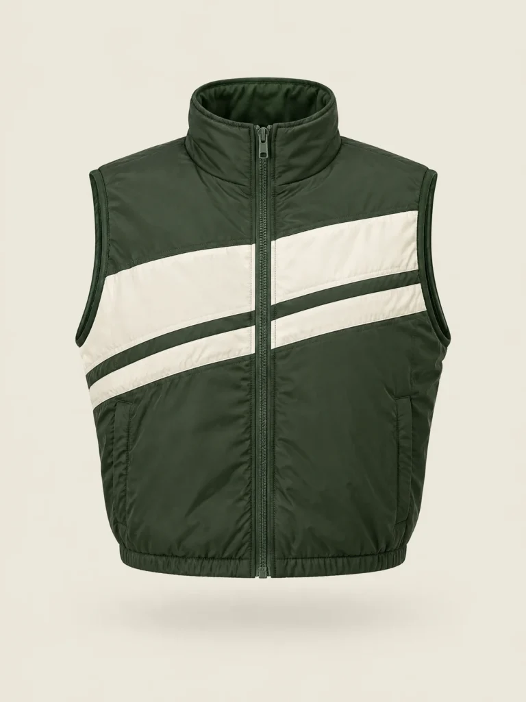 Front view of Crosswalk Zip Gilet in Moss with angled Chalk chest bars