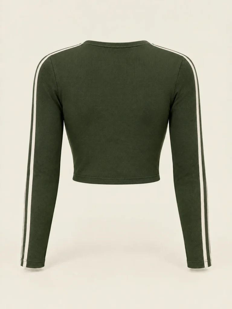 Back view of cropped Moss jersey Curbside Wrap Top with long sleeves