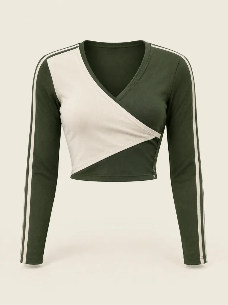Front view of Moss Curbside Wrap Top with diagonal Chalk crossover panel