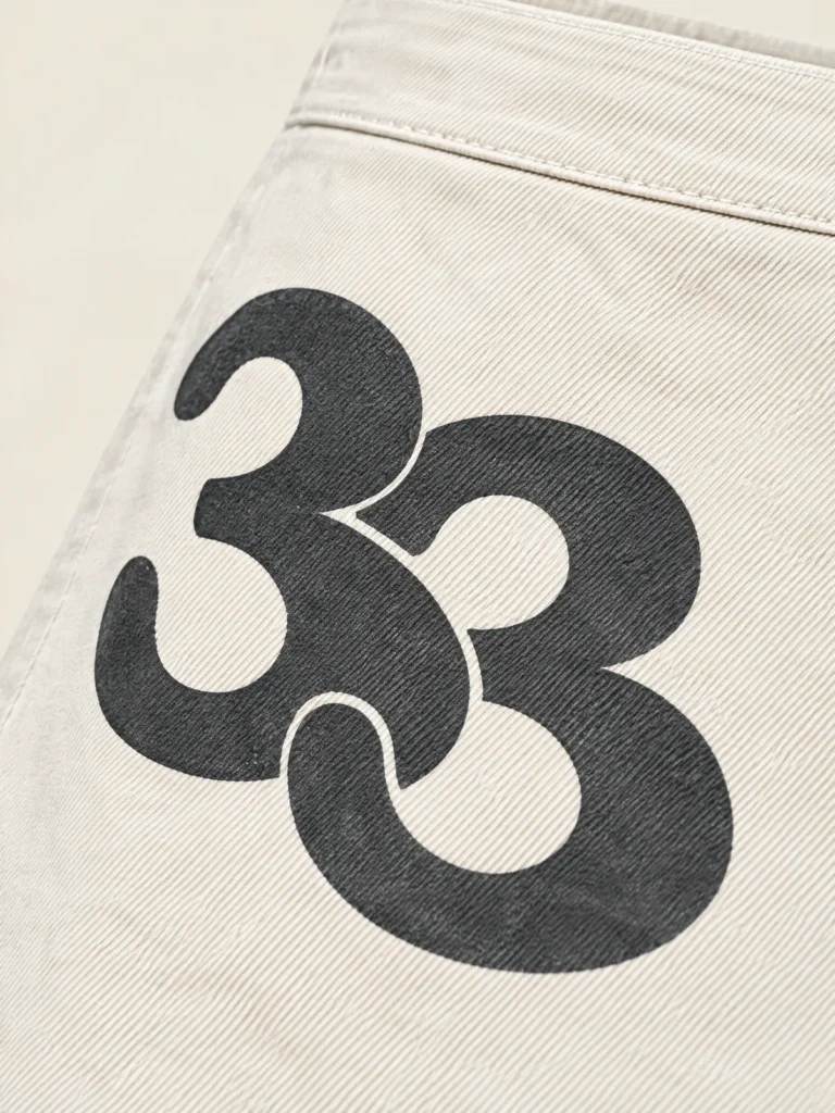 Close-up of curved interlocking "33" graphic printed on left hip in charcoal