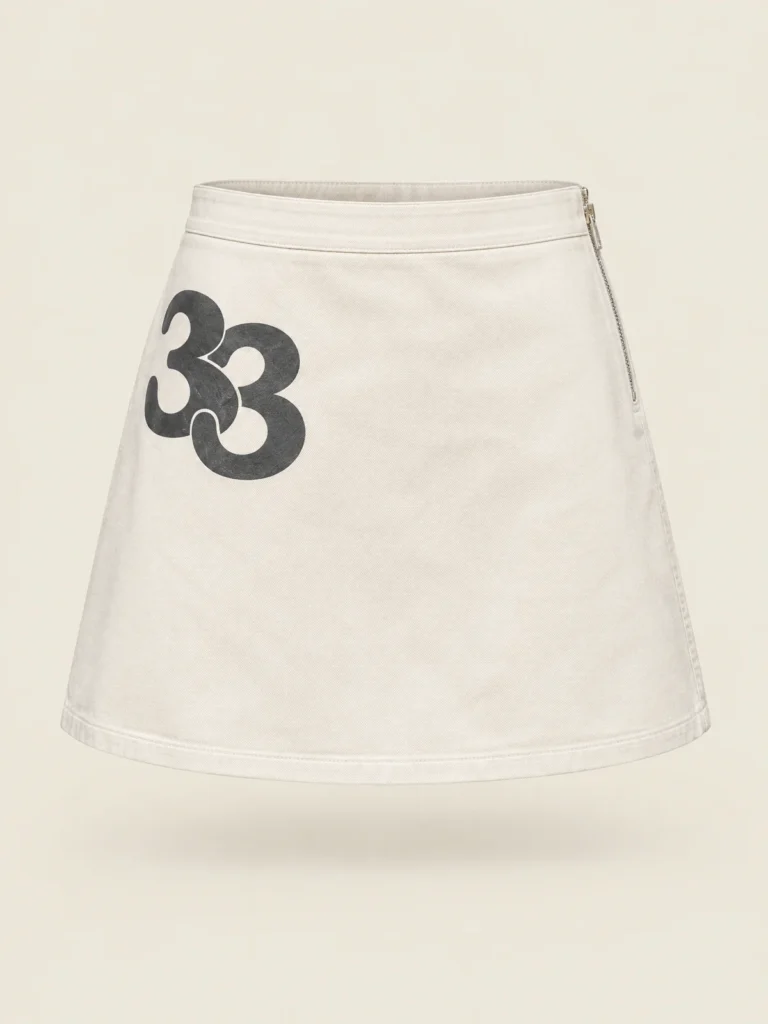 Front view of Curve 33 Mini A-line skirt in Chalk with curved "33" graphic