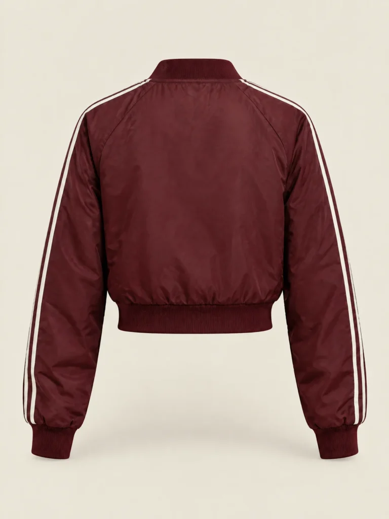Diagonal Bomber jacket in Oxblood, back view showing cropped silhouette