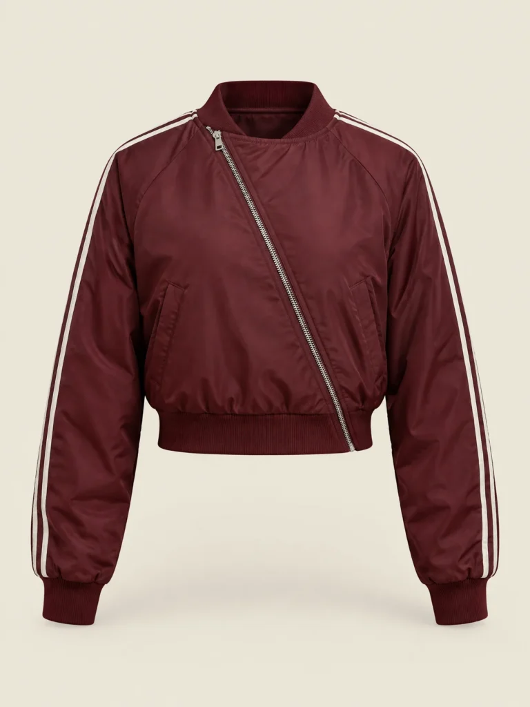 Diagonal Bomber jacket in Oxblood, front view showing asymmetric diagonal zip