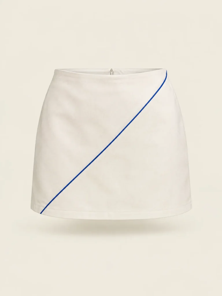 Front view of Diagonal Seam Mini in Chalk with diagonal Lane Blue seam