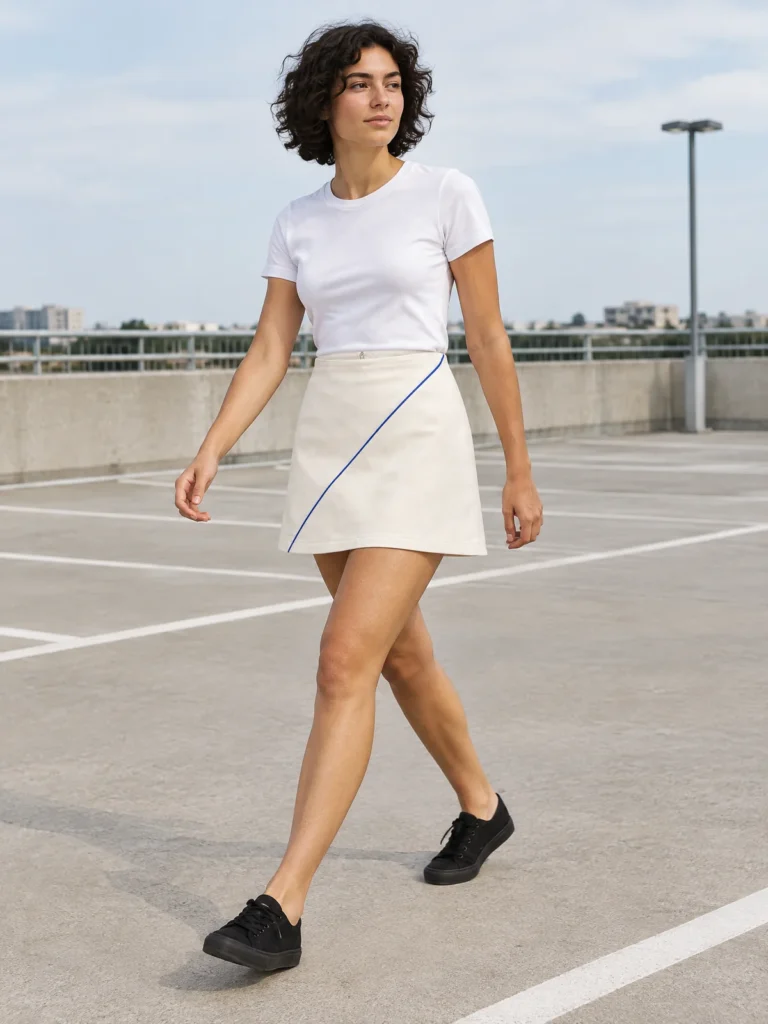 Woman wearing Diagonal Seam Mini skirt in Chalk with Lane Blue piping on urban street