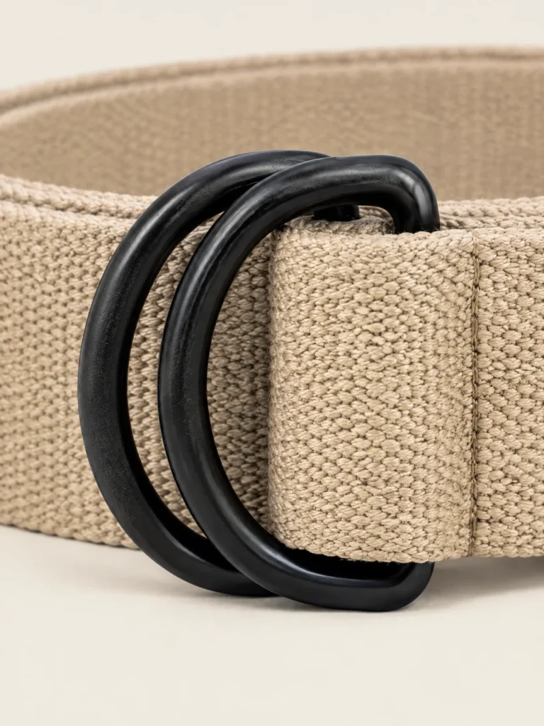 Close-up of double D-ring closure in matte black metal