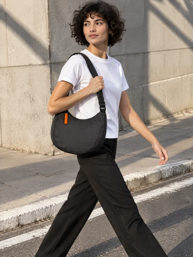 Woman wearing Half-Moon Zip Bag in Asphalt with Signal pull on shoulder in city street