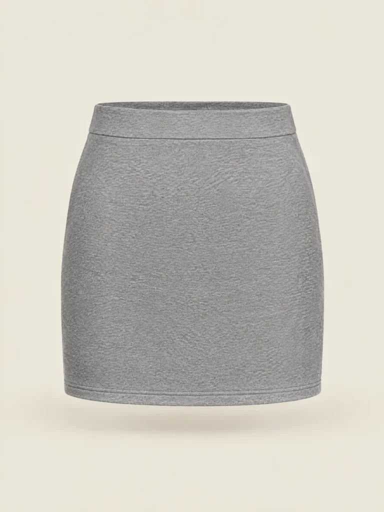 Hemline Zip Mini back view, straight silhouette, flat waistband