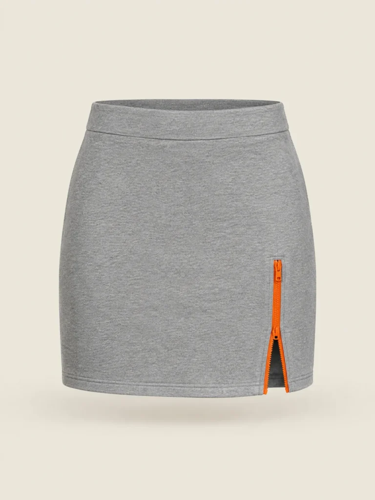 Hemline Zip Mini front view, Marl grey with Signal zip at hem