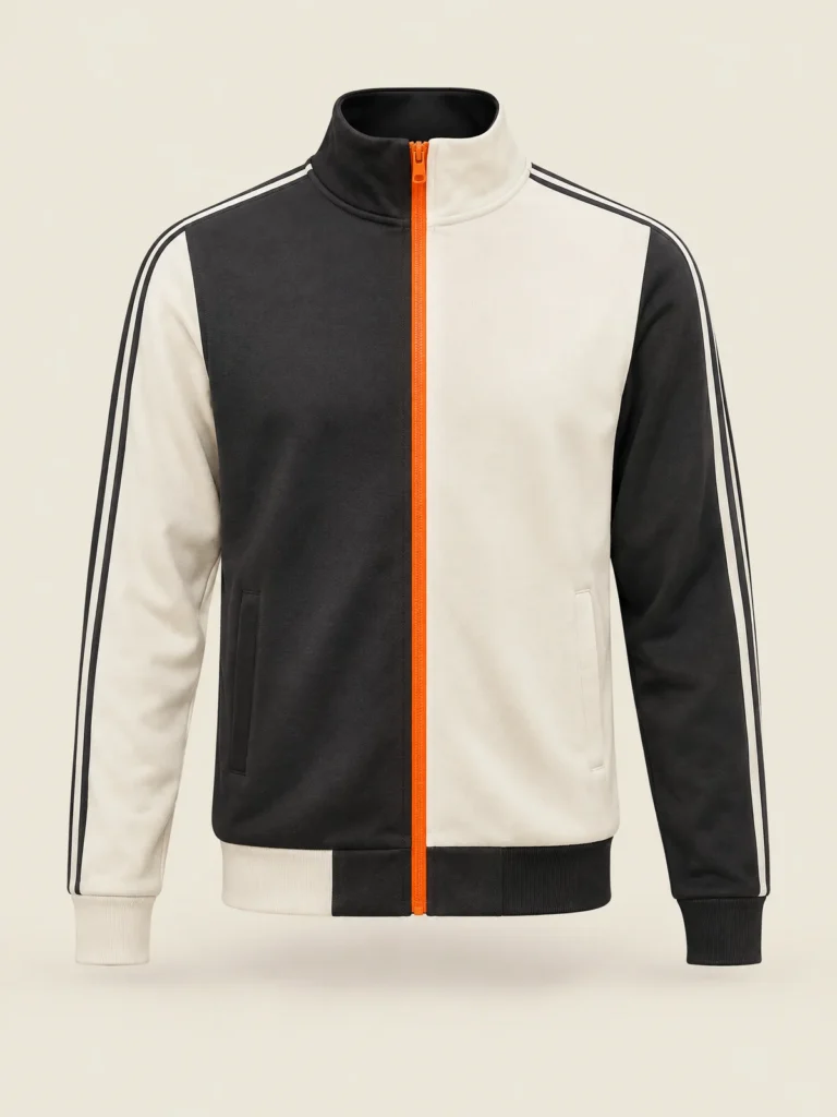 Front view of Kerb Contrast Jacket showing two-tone split and Signal zip