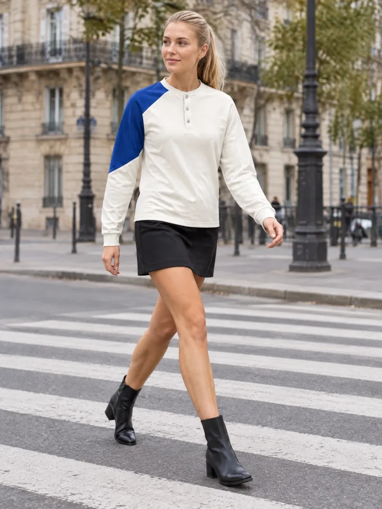 Woman wearing chalk henley top with Lane Blue shoulder panel on city street