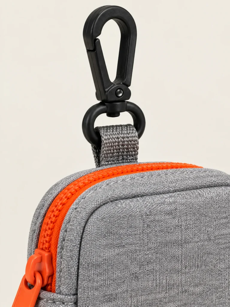 Close-up of Signal zip and matte black clip hook on Key Clip Mini