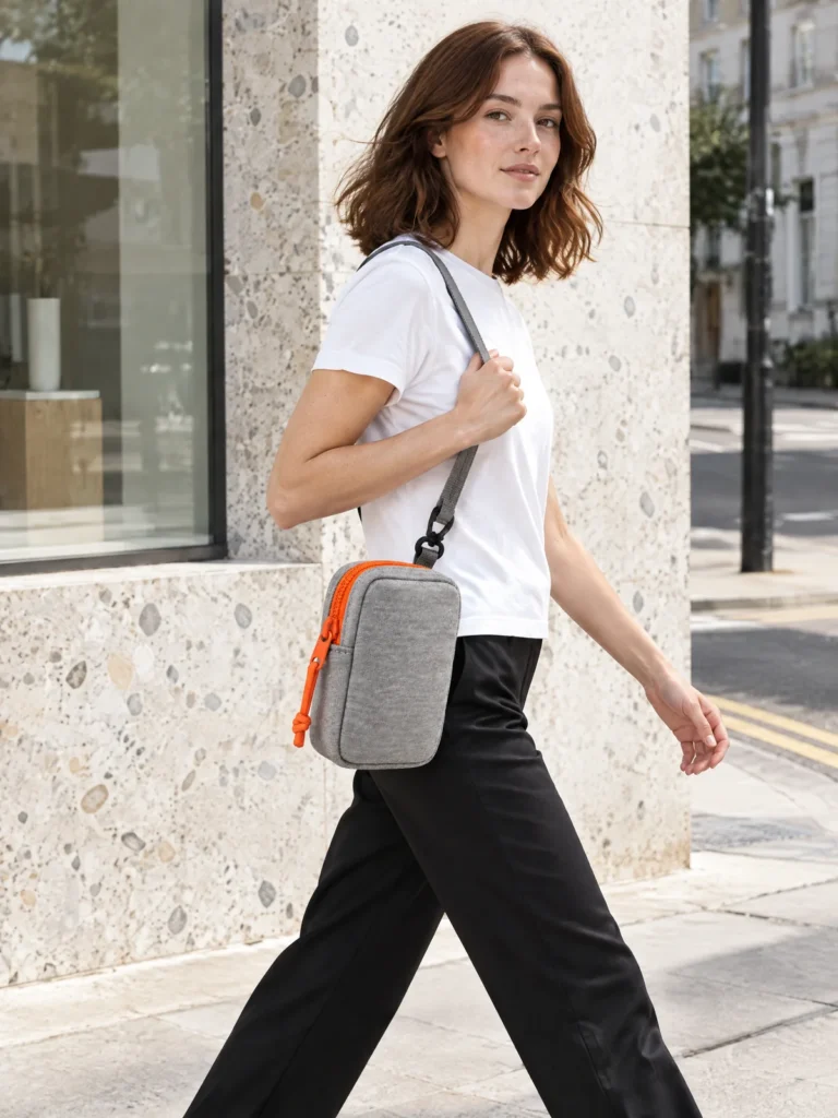 Woman wearing Key Clip Mini in Marl and Signal clipped to bag strap