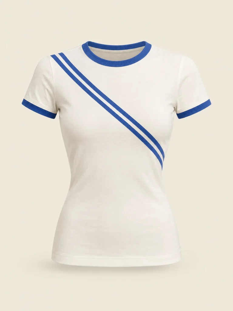 Lane Line Baby Tee front view in Chalk with diagonal Lane Blue stripes