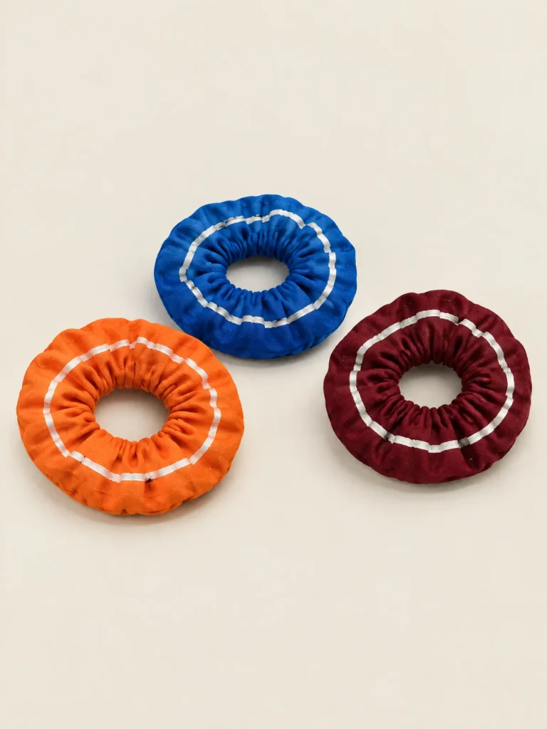 Side view of Lane Scrunchie Trio showing elastic band and Chalk stripe