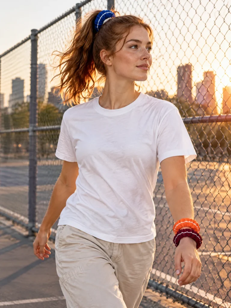 Woman wearing Lane Scrunchie Trio in Signal, Lane Blue and Oxblood on wrist