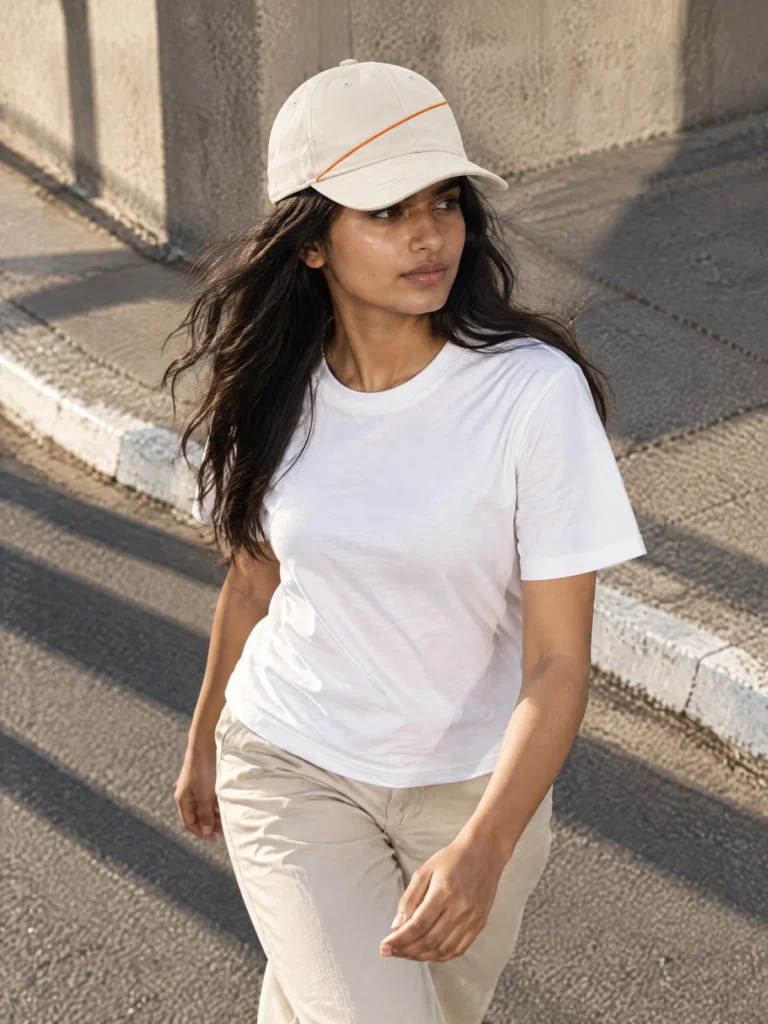 Woman wearing the Lap Line Cap in Chalk with diagonal Signal embroidery