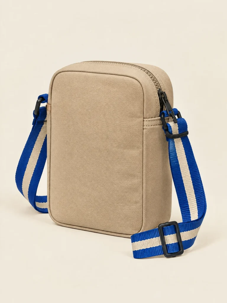 Side view of Lap Strap Crossbody showing adjustable webbing strap and hardware