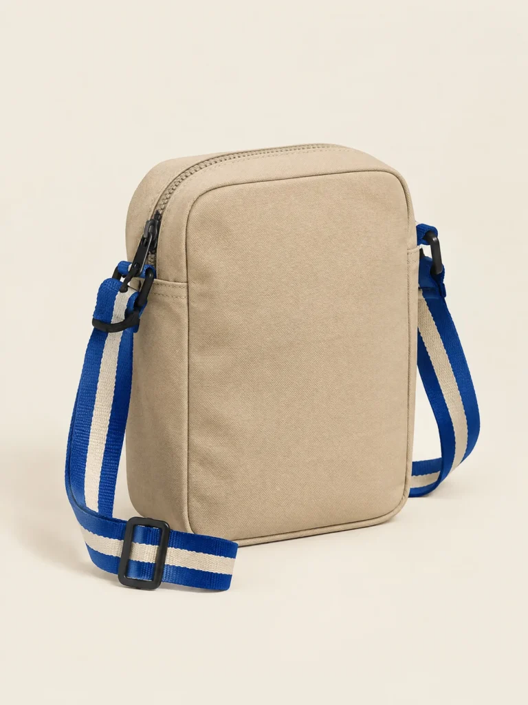 Front view of Lap Strap Crossbody bag in Sand with striped strap