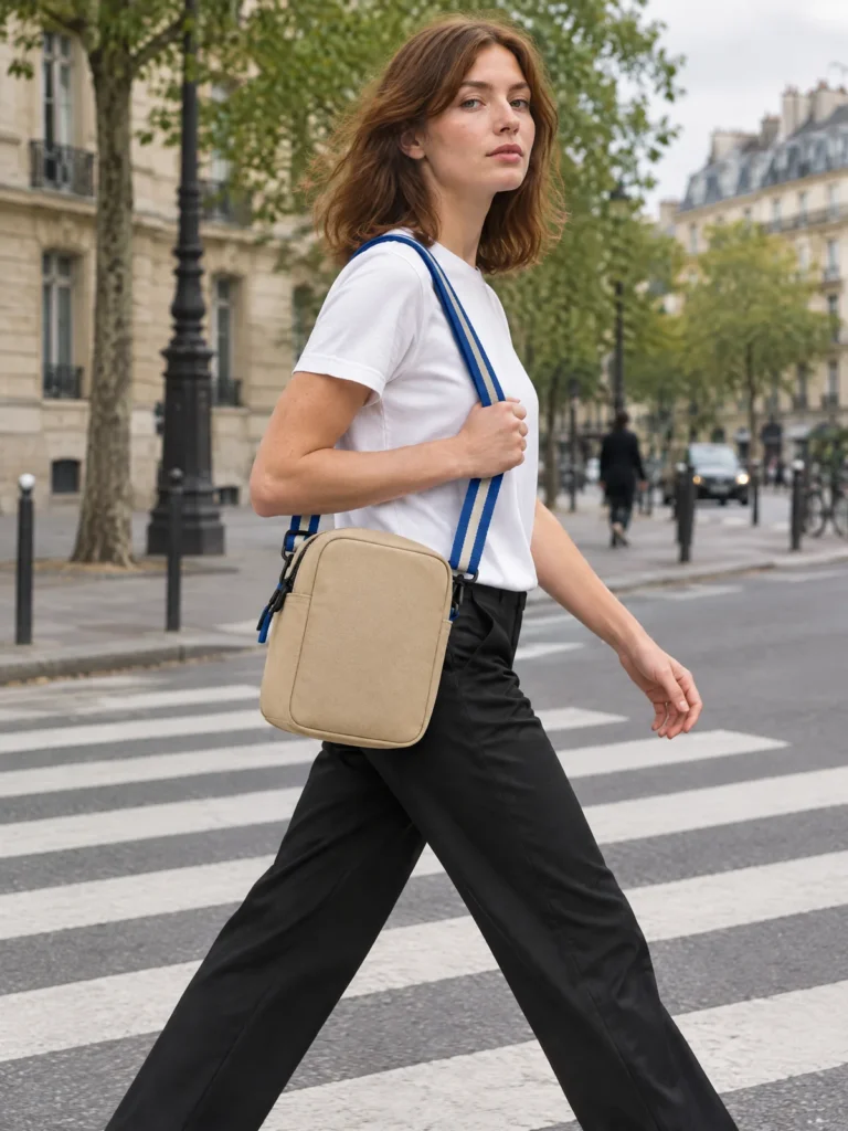 Woman wearing Lap Strap Crossbody in Sand with striped Lane Blue and Chalk strap