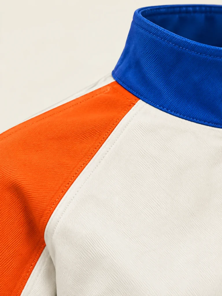 Close-up of diagonal Signal panel and Lane Blue collar on Lapline Panel Jacket
