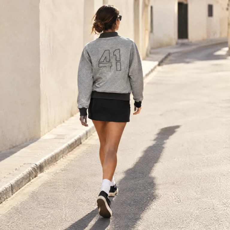 Una mujer alejándose por una calle pálida con una chaqueta gris con un número 41 de contorno recortado en la espalda