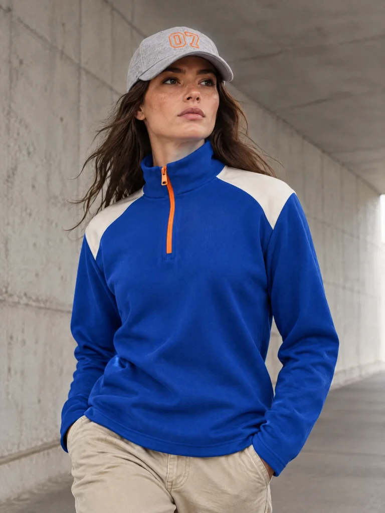 A woman in a concrete underpass wearing a grey cap with an orange outline 07 and a cobalt mock-neck top